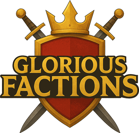 Glorious Factions logo: a crowned red shield with crossed swords